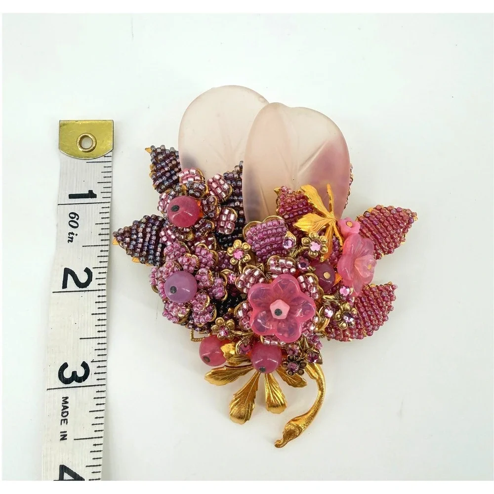 Stanley Hagler NYC Ian St Gielar Pink Floral Beaded Brooch Vintage Statement Pin